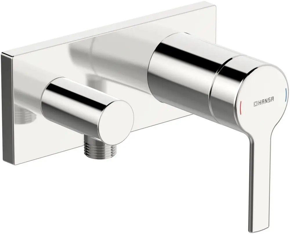 Ein HANSARONDA Einhebelmischer mit eckiger Rosette in Chrom, geeignet für die Montage an einer Brausebatterie, mit einem praktikablen Hebel zur Temperatur- und Mengeneinstellung.